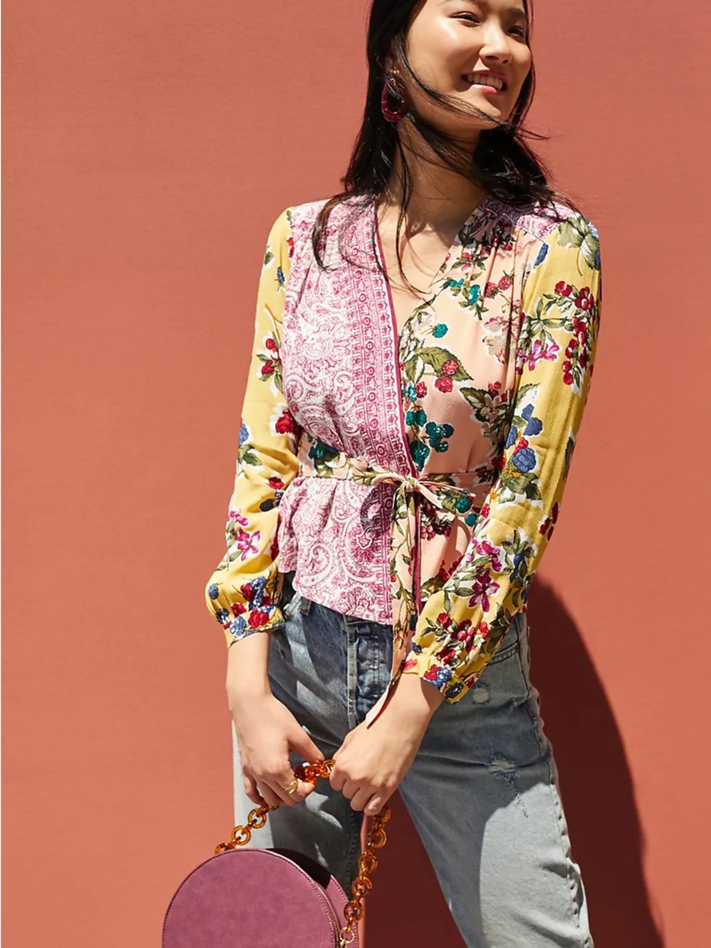 Anthropologie Meadow Rue Size 14 Floral Patchwork Yellow Multicolor Wrap Blouse